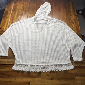 Boho Coastal Lace Hooded‎ Tunic Top Womens White Sheer Knit Beach fisherman